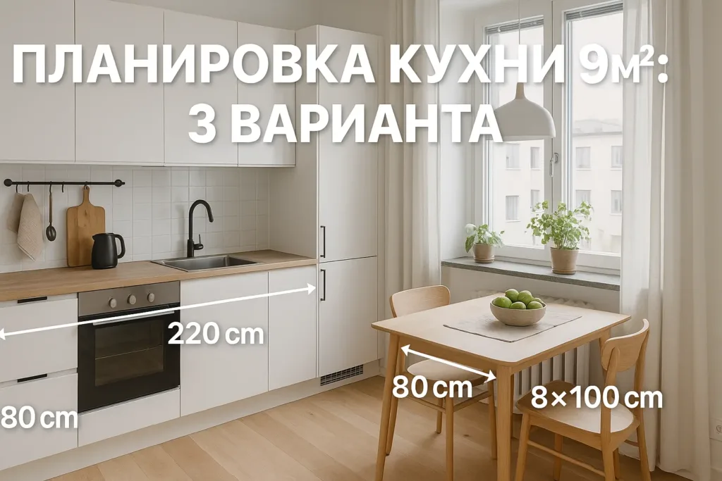 Планировка кухни 9 кв.м: 3 варианта расстановки мебели с размерами