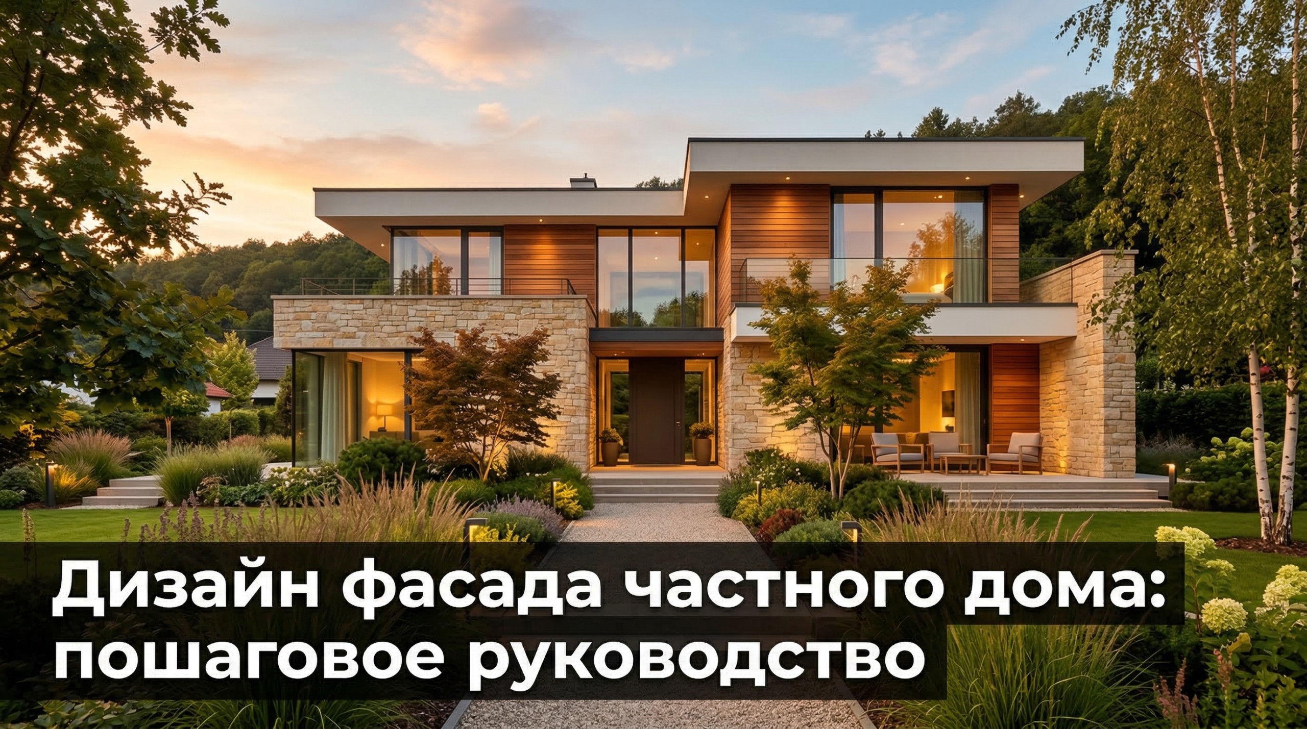 Дизайн фасада частного дома — современный коттедж с комбинированной отделкой камнем и деревом