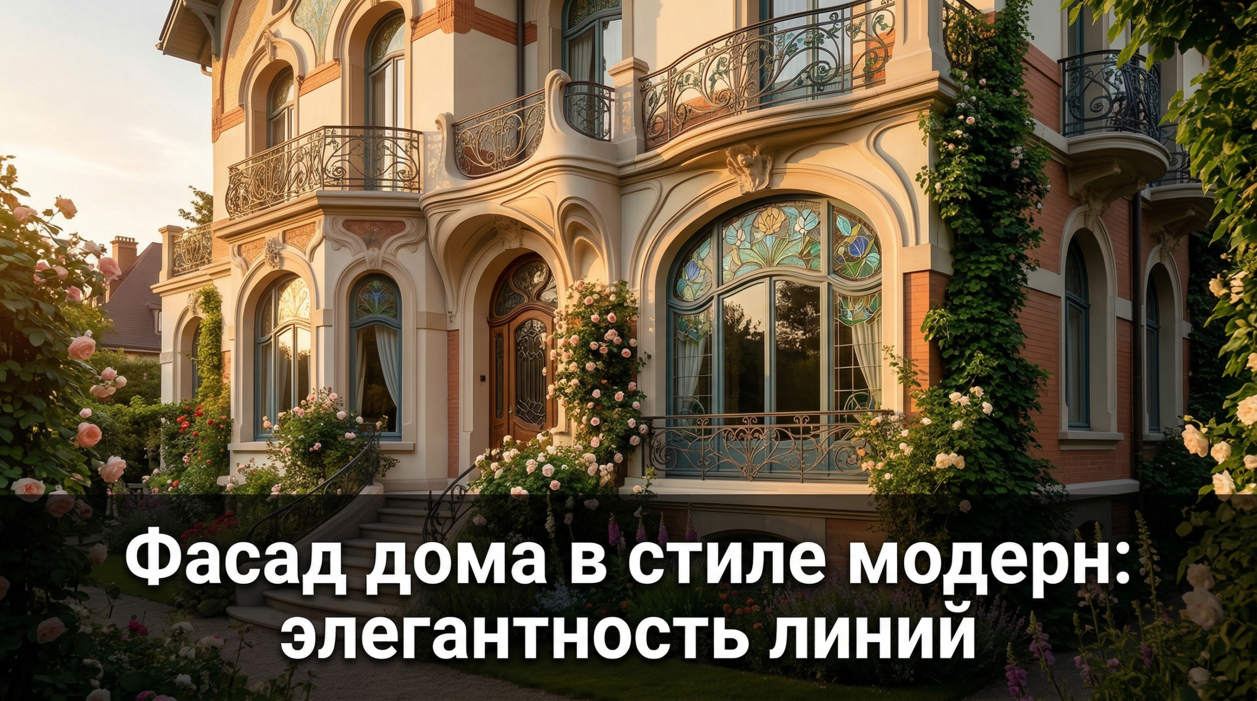 Фасад дома в стиле модерн — плавные линии, арочные окна с витражами, кованые балконы