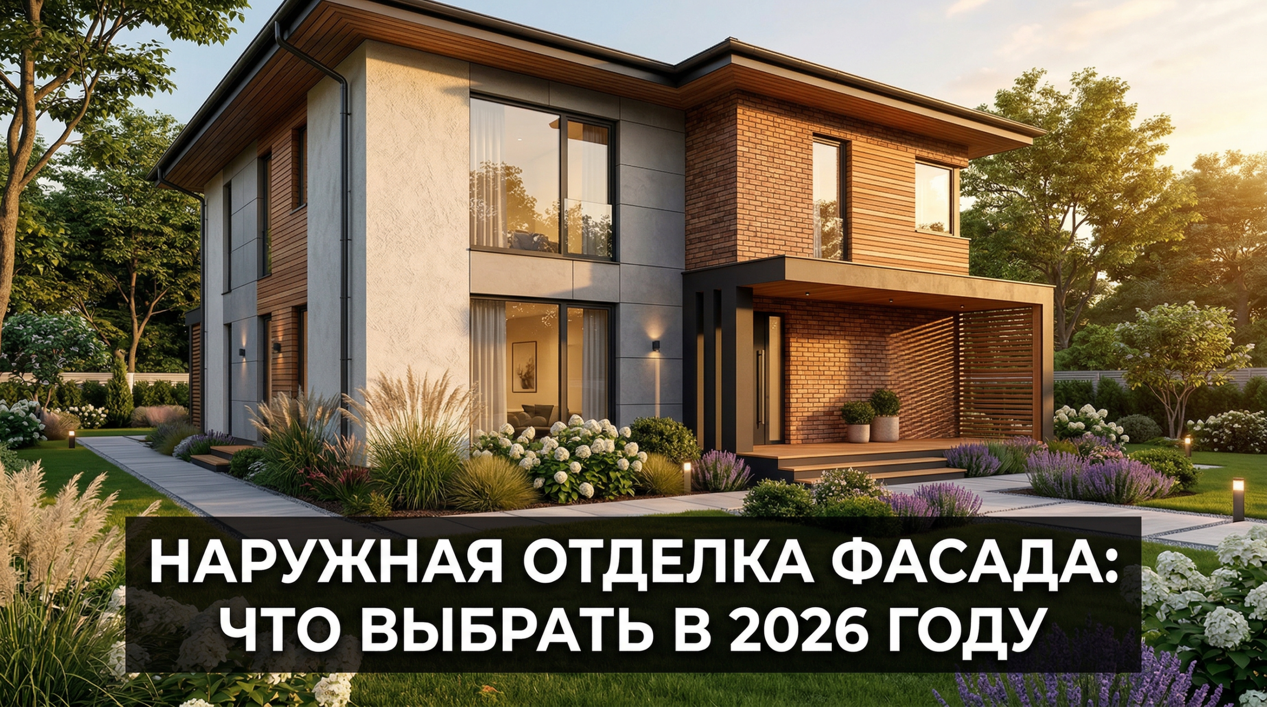 Современный дом с комбинированной отделкой фасада — штукатурка, панели, дерево и кирпич