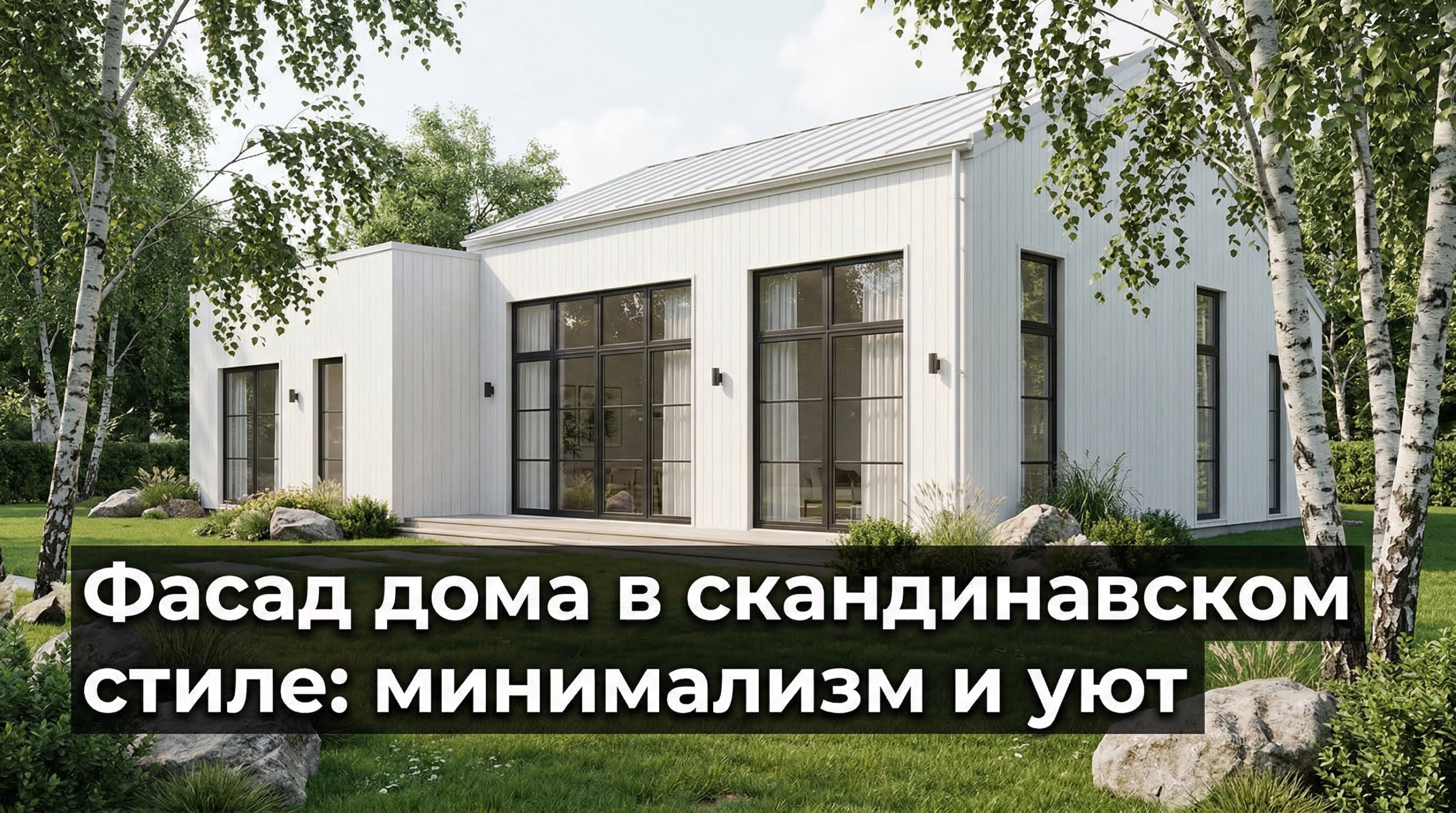 Фасад дома в скандинавском стиле — белая деревянная обшивка, большие окна, минимализм и уют