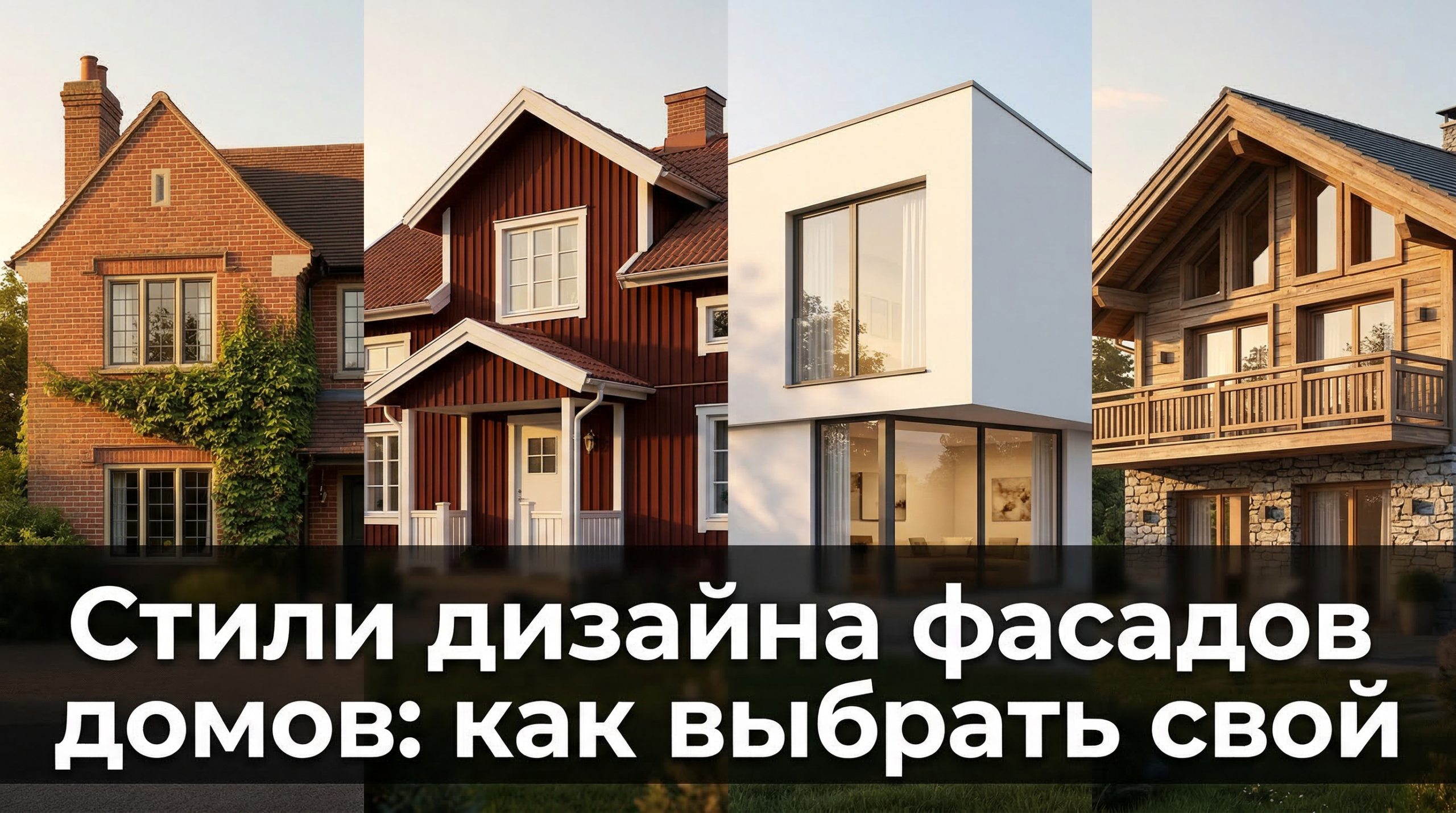 Стили дизайна фасадов домов — коллаж из четырёх домов в разных архитектурных стилях