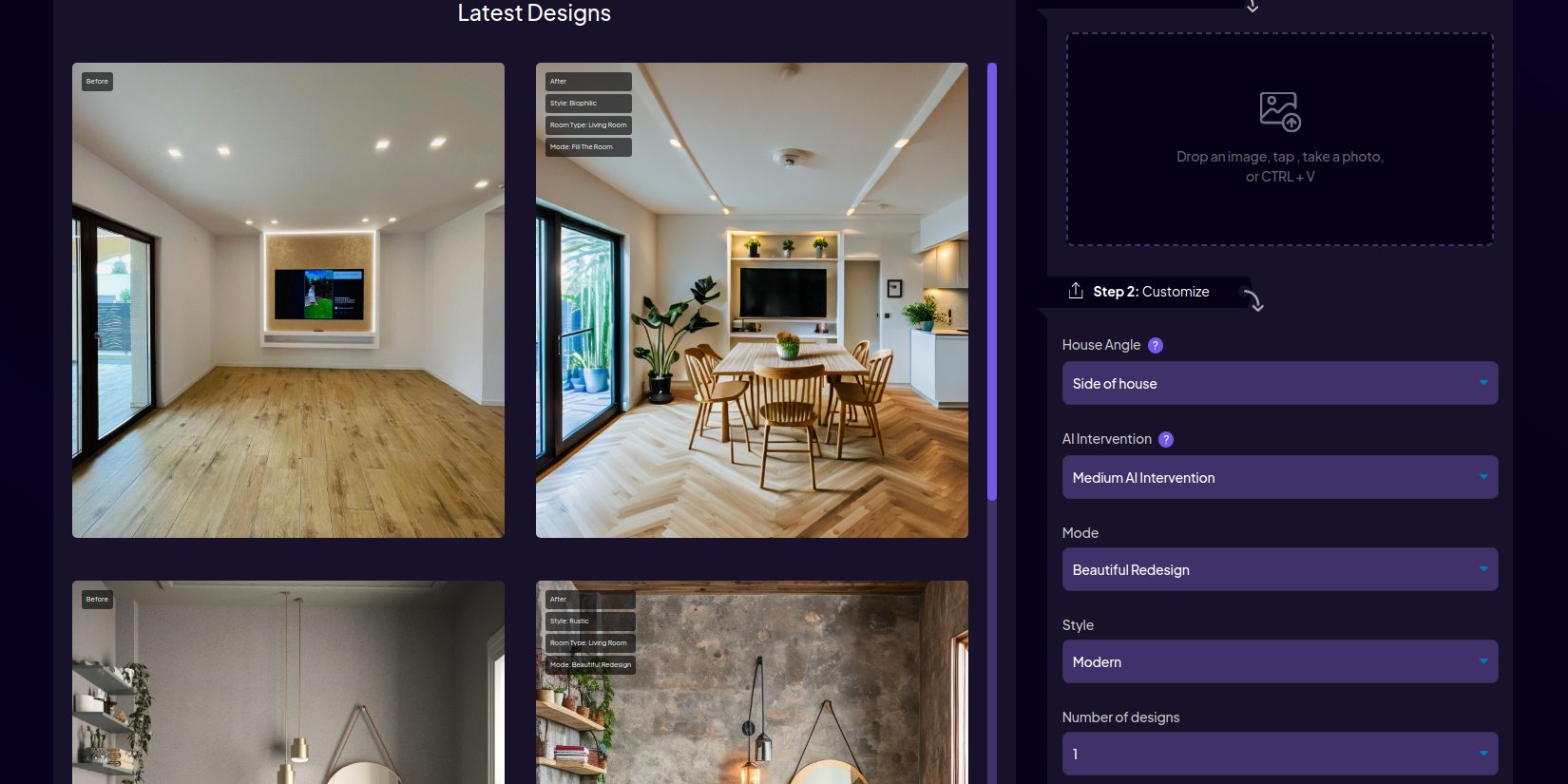 Скриншот интерфейса HomeDesigns AI — настройки стиля и режима генерации
