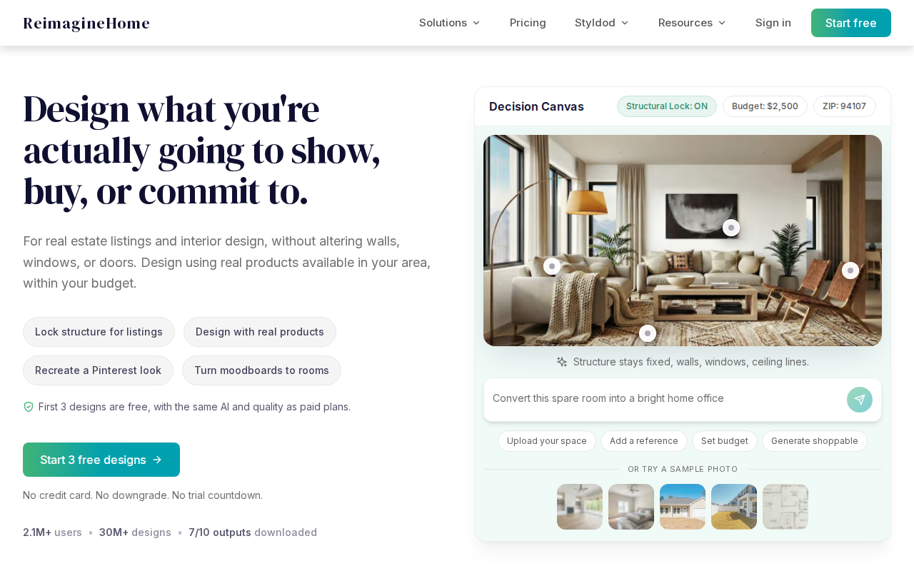 Скриншот главной страницы ReimagineHome — сервис для визуализации экстерьера с ИИ