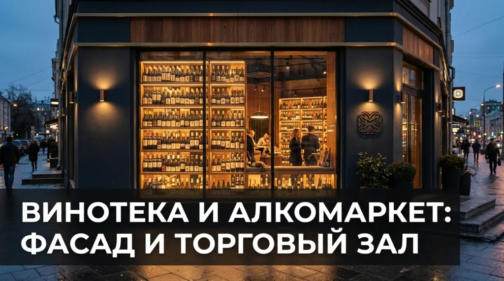 Винотека и алкомаркет: фасад и торговый зал